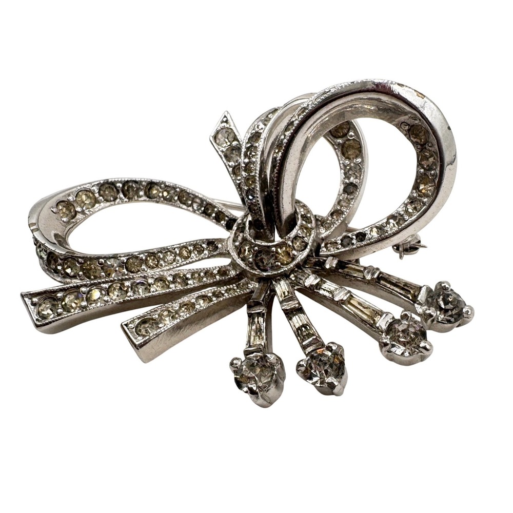 Kramer of New York Vintage Silver Tone Clear Rhinestone Ribbon Bow‎ Brooch Pin